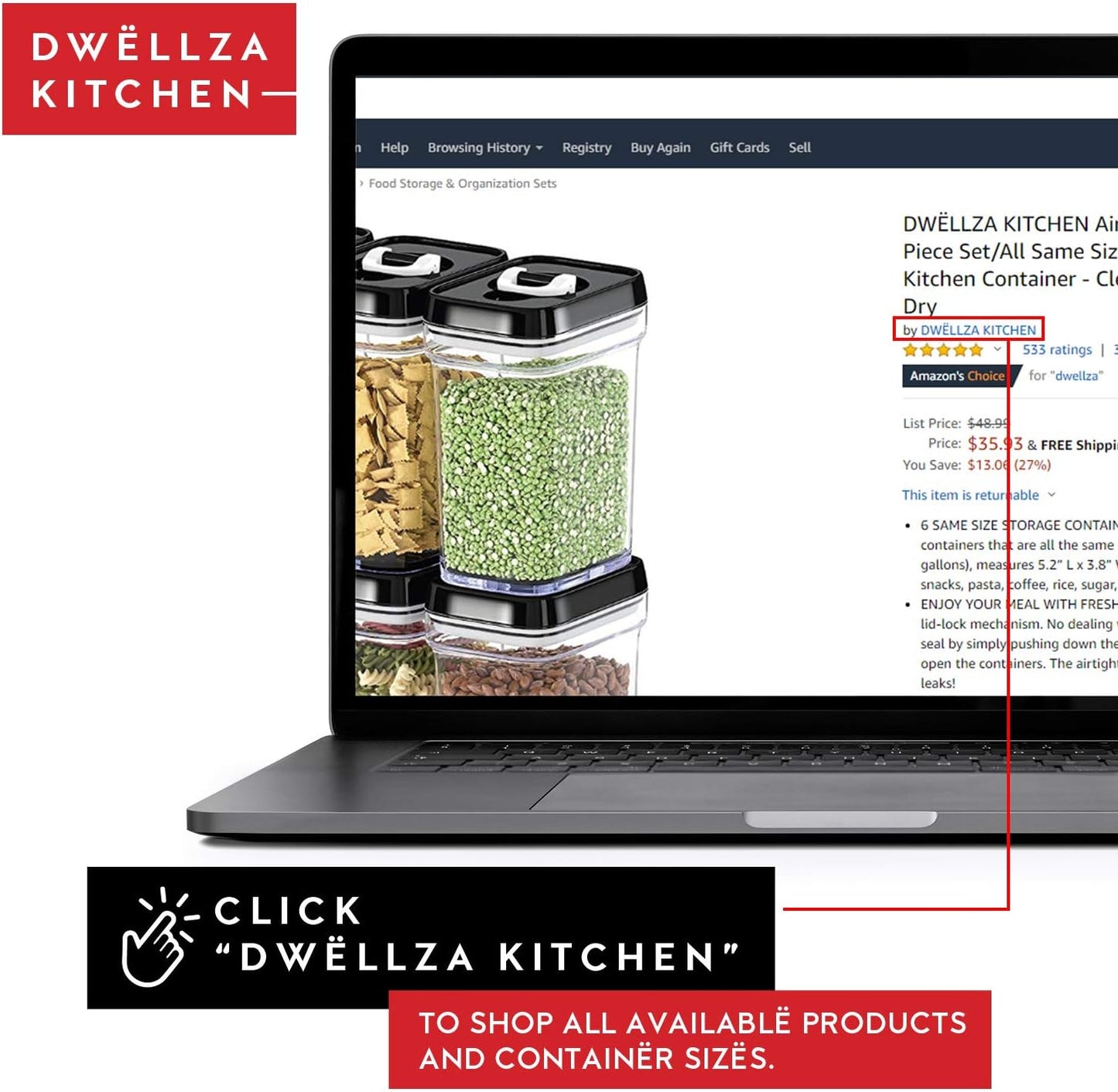 DWËLLZA KITCHEN Large Airtight Food Storage Containers - Clear Plastic Bulk Food Pantry & Kitchen Storage Containers for Flour, Sugar and Baking Supplies 4 Pcs. BPA-Free, Keeps Fresh & Dry (Black)
