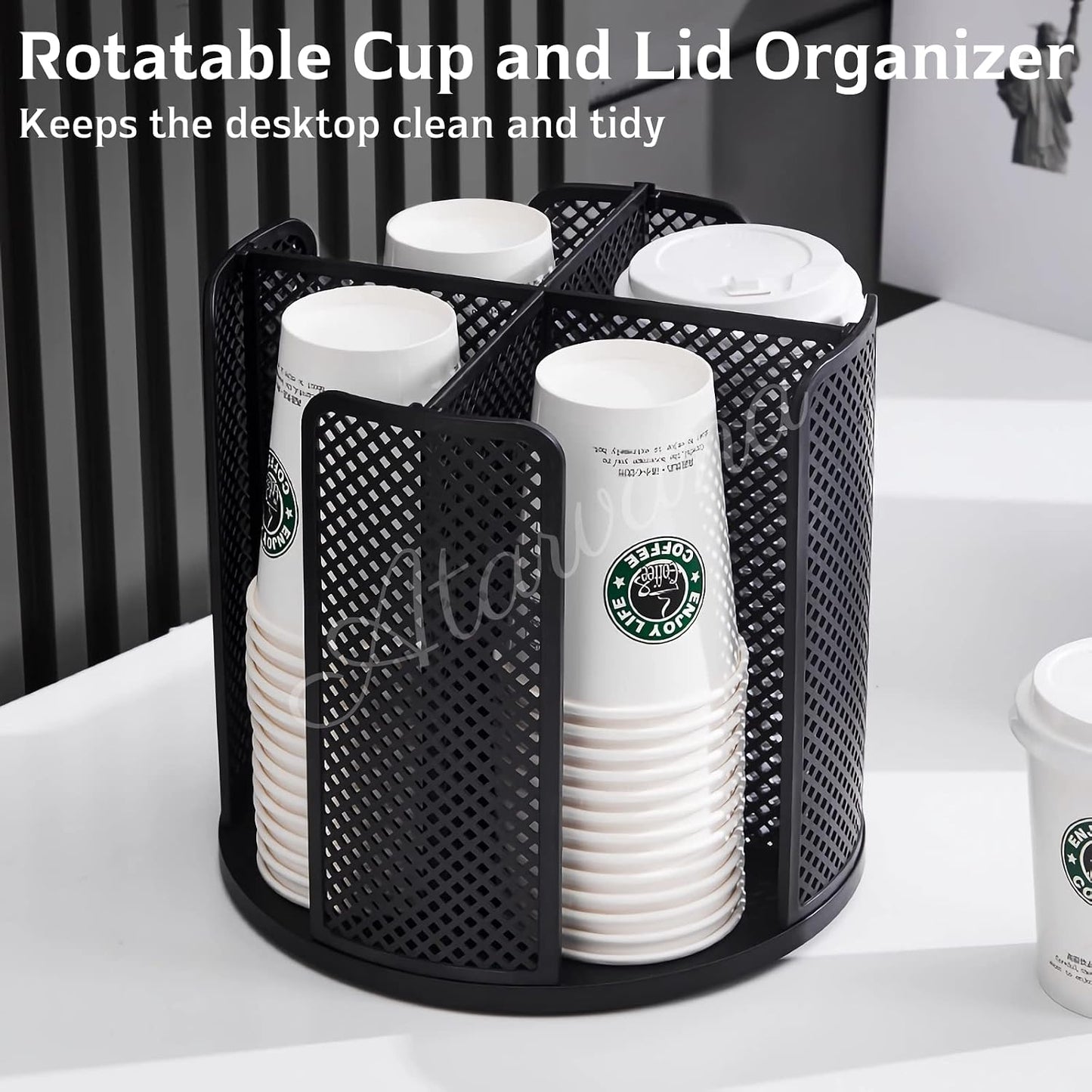 Rotatable Coffee Cup Dispenser with 4 Compartments, Atavarna Cups and Lids Holder for 5-16oz Cups Organizer for Restaurant, Coffee Station, Bar, Office, Home-9.25" x 9.25" x 8.66"