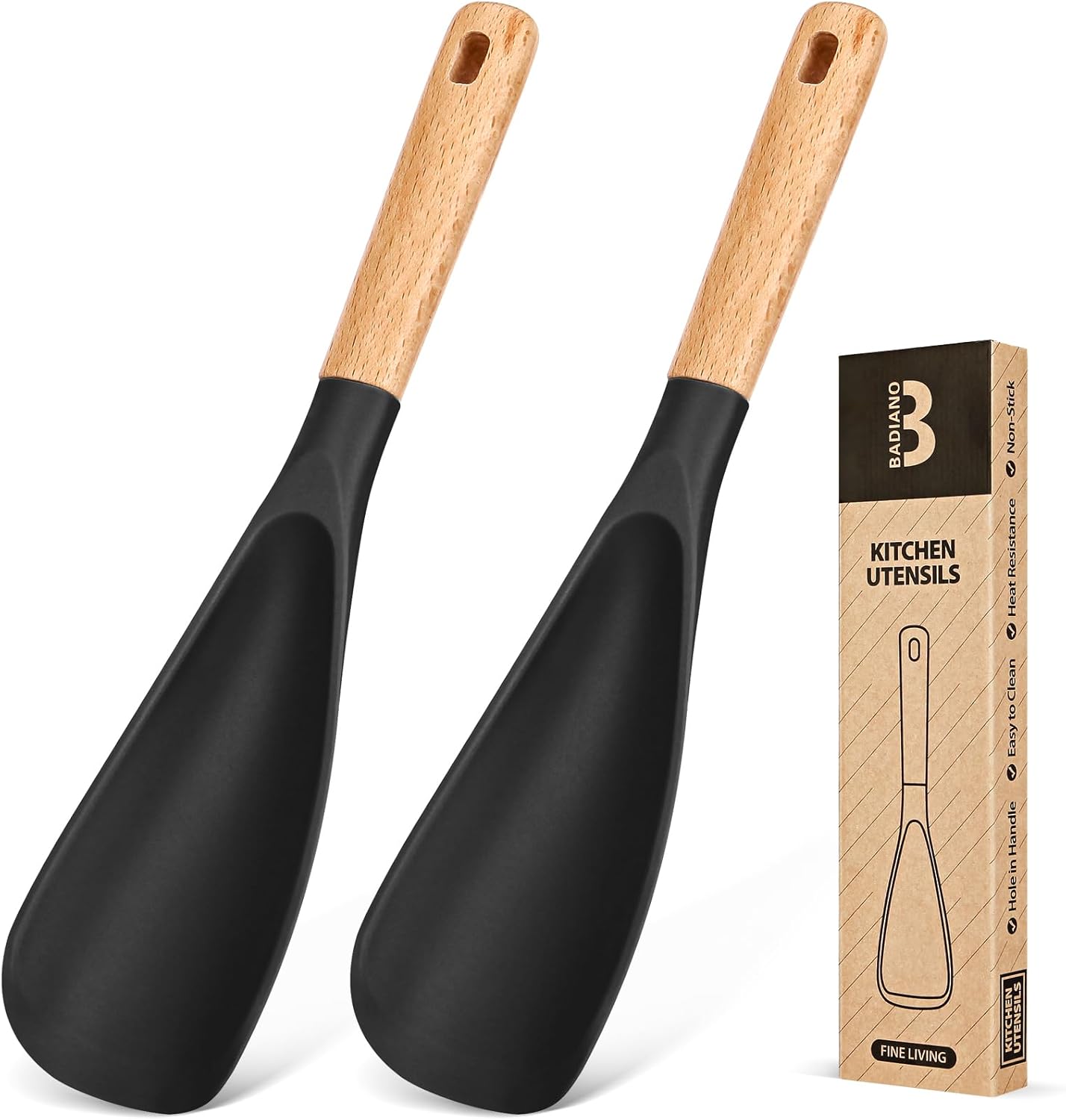 Cooking Spoon for Nonstick Cookwares, Great for Cooking and Serving Sturdy BPA-Free Matte Silicone, Wood Handle Spoon for Mixing, Scoop, and Scrape (Black & Grey, 11.4 inch)