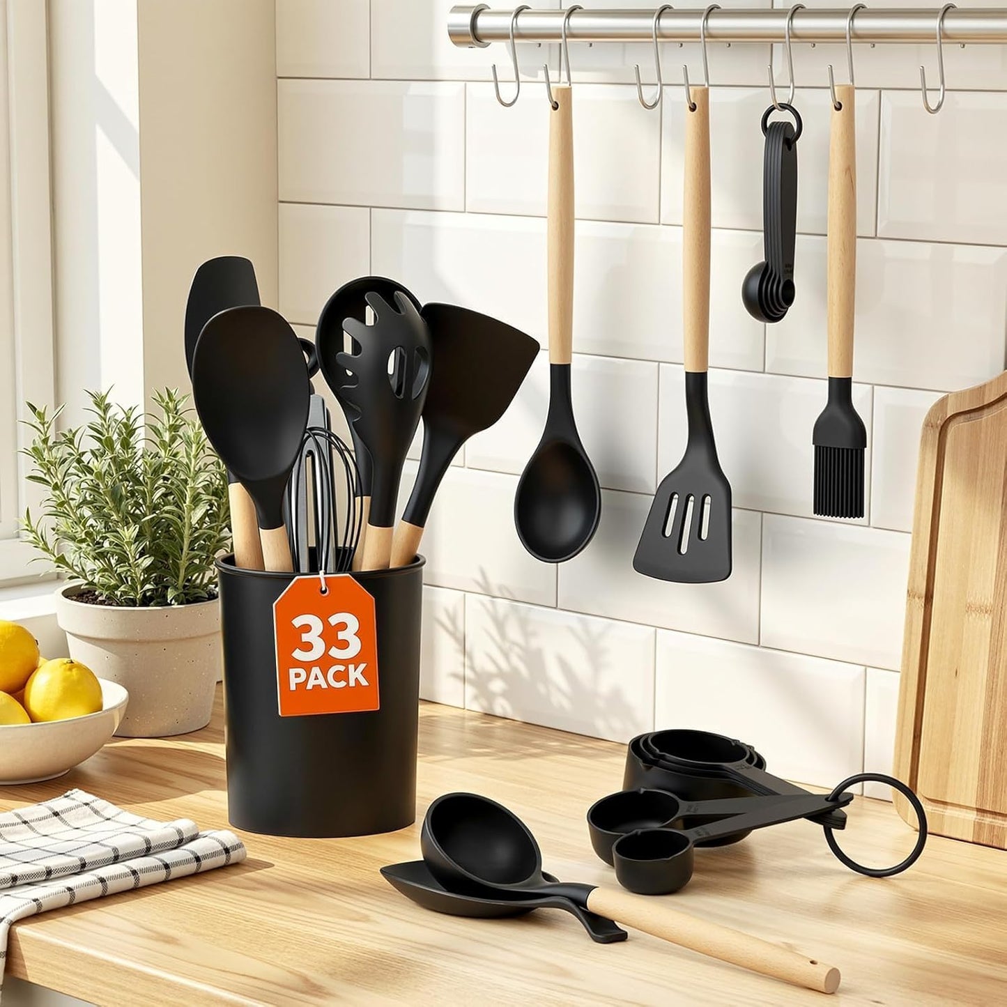 WISELIFE Kitchen Utensils Set - 33 PCS, Heat-Resistant Silicone Cooking Utensils Set with Wooden Handle, BPA-Free Kitchen Gadgets Spatula Sets with Holder for Nonstick Cookware (Black)