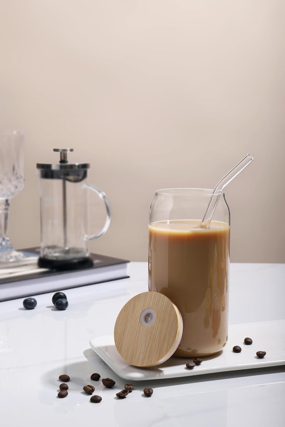4pcs Set - 20oz Glass Tumblers with Bamboo Lid and Glass Straw, Drinking Glasses, Iced Beer Glasses, Classical and Thermal Safe Glasses with Cleaning Brushes