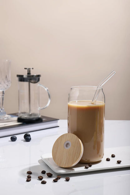4pcs Set - 20oz Glass Tumblers with Bamboo Lid and Glass Straw, Drinking Glasses, Iced Beer Glasses, Classical and Thermal Safe Glasses with Cleaning Brushes