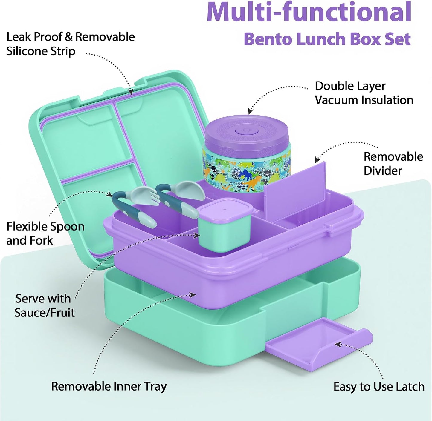 Kids Bento Lunch Box Set with 9.5oz Soup Thermo, Leak-Proof Lunch Food Containers with 3 Compartment and Removable Inner Tray, Insulated Hot Food Jar with Lunch Bag for School, Office, Sea Blue