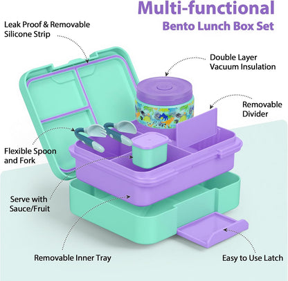 Kids Bento Lunch Box Set with 9.5oz Soup Thermo, Leak-Proof Lunch Food Containers with 3 Compartment and Removable Inner Tray, Insulated Hot Food Jar with Lunch Bag for School, Office, Sea Blue