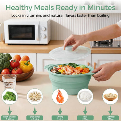 FUNKYLEE 42oz Collapsible Silicone Microwave Steamer for Vegetables, Green