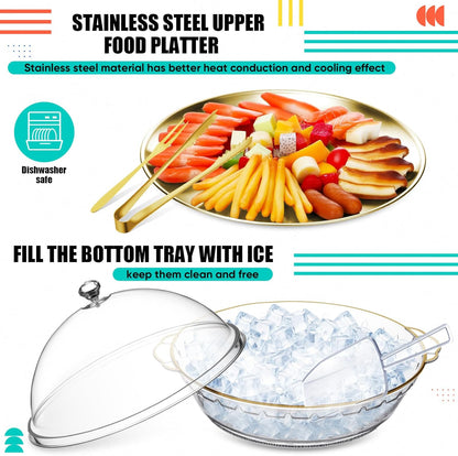 Baderke 11.8" Chilled Serving Tray for Parties with Compartments and lid Ice Chilled Party Platter Charcuterie Serving Board Cold Dish Dip for Fruit Seafood Vegetable Shrimp Cocktail(Silver,2 Pcs)