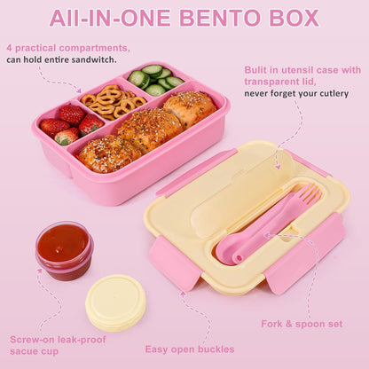 Caperci Bento Box for Kids - 50oz Larger Lunch Box Containers for Kids, Reinforced Leakproof, Built-in Sauce Cup, Utensils, 4 Compartments, BPA-Free Microwave & Dishwasher Safe (Lavender Pop)