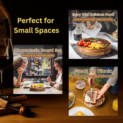 8" Round Wood Cheese Board with 4 Knives – Charcuterie Board Set with Swivel Slide-Out Drawer, Juice Groove, Compact Serving Board for Entertaining, Gifts & Travel