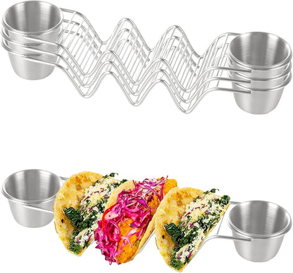 Stainless Steel Taco Holder 4 Packs Grill & Oven Safe Taco Holders with 2 Sauce Cups and Spoon Each Metal Taco Stands for 3 Tacos Taco Shell Stands for Taco Bar Gifts & Accessories