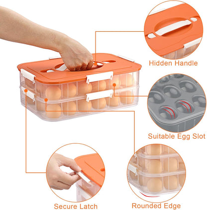 BTSKY Deviled Egg Platter with Lid, 3-Layer 54 Slots Deviled Eggs Carrier, Clear Portable Egg Holder for Fridge Reusable Deviled Eggs Tray Carton Box for Easter and Party Favor (3-Layer, Orange)
