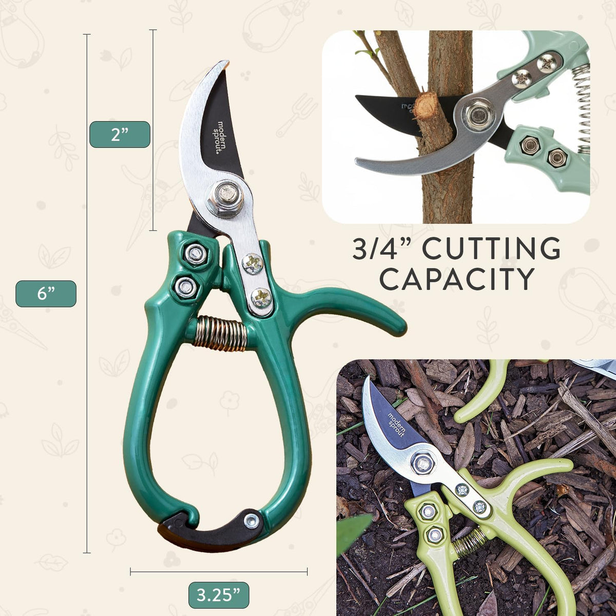 Modern Sprout Bypass Hand Pruners - Scissors - Gardening Tools - Sage