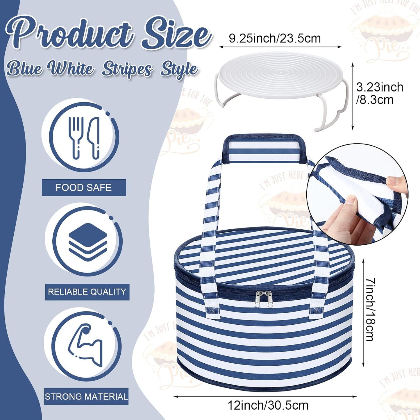 Pickmesh Round Pie Carrier 12 x 7 Inch Insulated Casserole Carriers with Lid and Detachable Handle for Hot or Cold Food Cake Transport Thanksgiving Christmas Gift(Cyan White Zigzag)