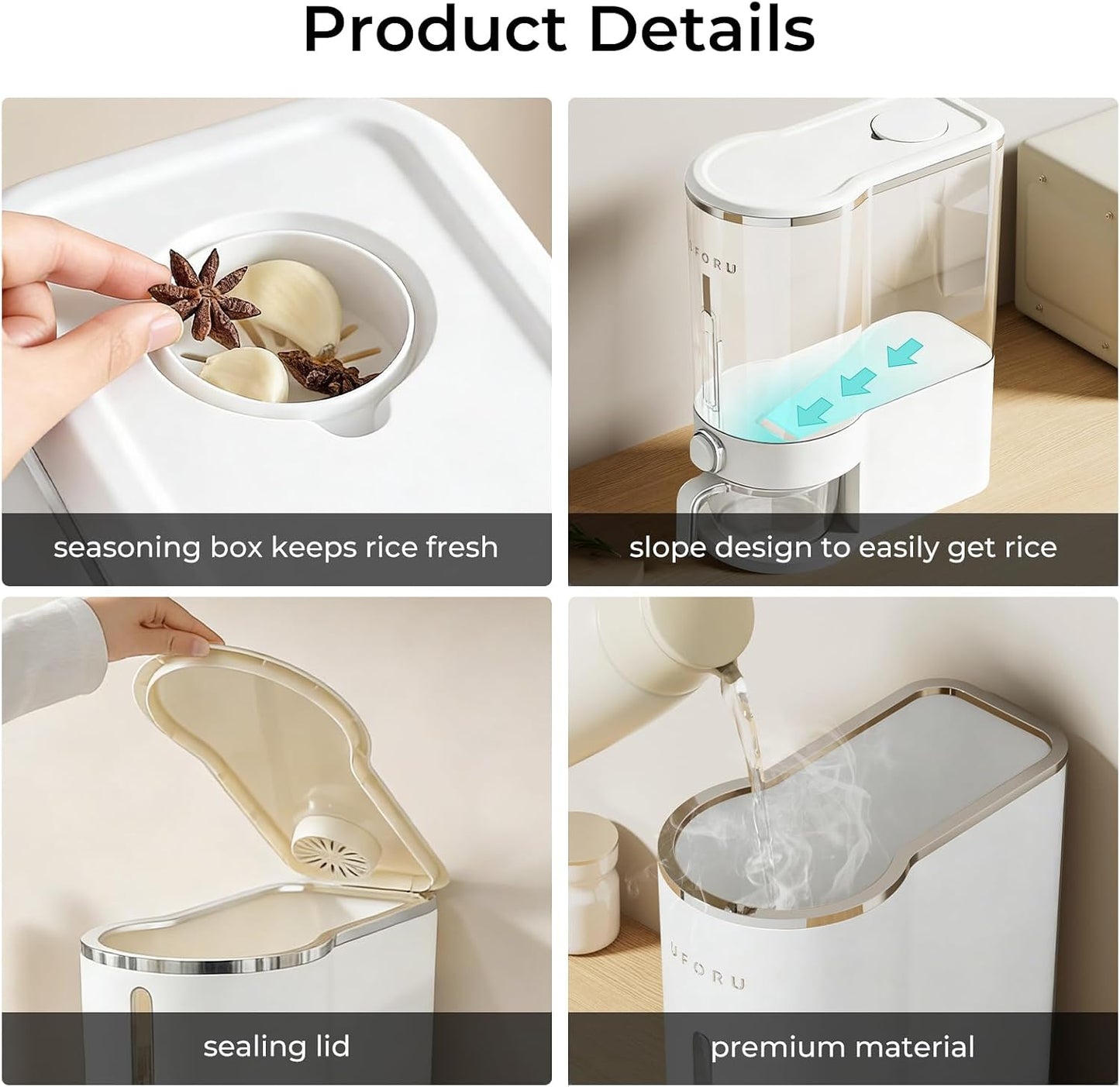UFORU Rice Dispenser, Rice Storage Container with Measuring Cup for Kitchen Pantry Household, Dry Food Storage Containers Airtight, Sealed Moisture Proof (White 13Lbs)