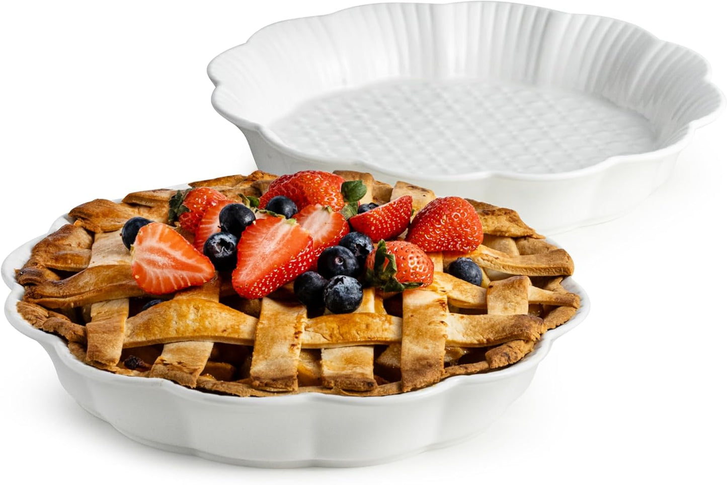 Deep Dish Pie Pan with Lid, 11 inch Ceramic Pie Dish, Round Baking Dish for Apple, Quiche, Pot Pies, Tart, etc, Microwave, Dishwasher, and Oven Safe