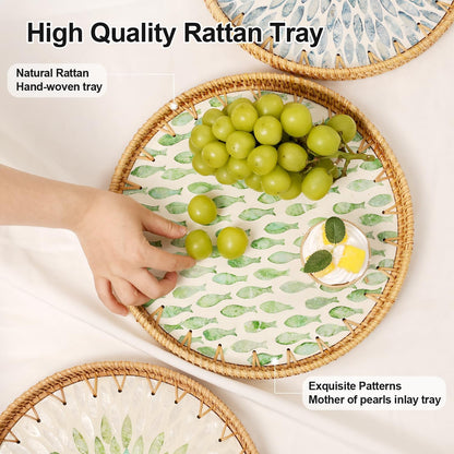 Round Rattan Tray with Mother of Pearl Inlay, Rattan Serving Tray for Coffee, Bread, Fruits, Decorative Wicker Tray for Table Decor, Home Decor, Kitchen Island Decor(Black Checkerboard, 11.8")