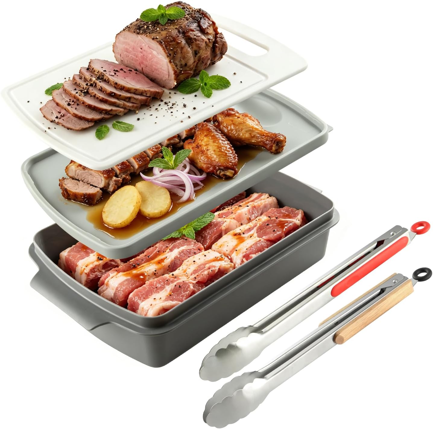 Sunmei Grill Prep and Serving Trays, 3-in-1 Stackable BBQ Food Tray, 5PCS BBQ Serving Set with Marinating Container, Serving Platter, Cutting Board and 2PCS Colored 12-Inch Grill Tongs (Green)