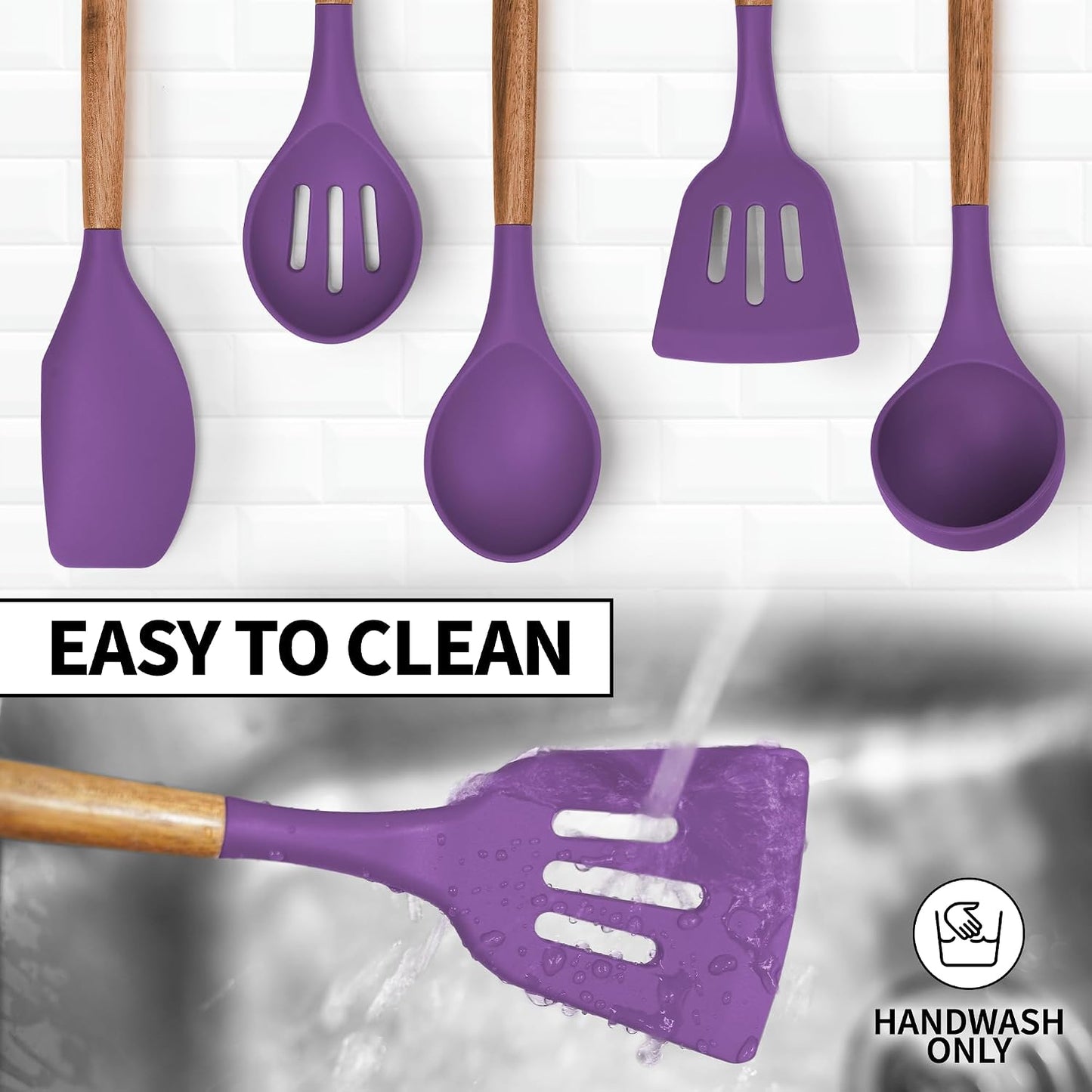 Zulay Kitchen Utensils Set Non-Stick Silicone Cooking Utensils Set with Authentic Acacia Wood Handles - 5 Piece Silicone Utensil Set - Kitchen Utensils Set with 464°F Heat Resistance - Gray