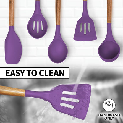 Zulay Kitchen Utensils Set Non-Stick Silicone Cooking Utensils Set with Authentic Acacia Wood Handles - 5 Piece Silicone Utensil Set - Kitchen Utensils Set with 464°F Heat Resistance - Gray