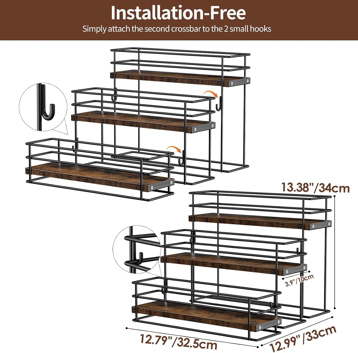Nuovoware Coffee Syrup Organizer, 2-Tier 10 Bottles Bar Organizer, Separable Metal Rack with Wooden Base Whiskey Wine Dressing for Countertop Kitchen Coffee Bar, Black