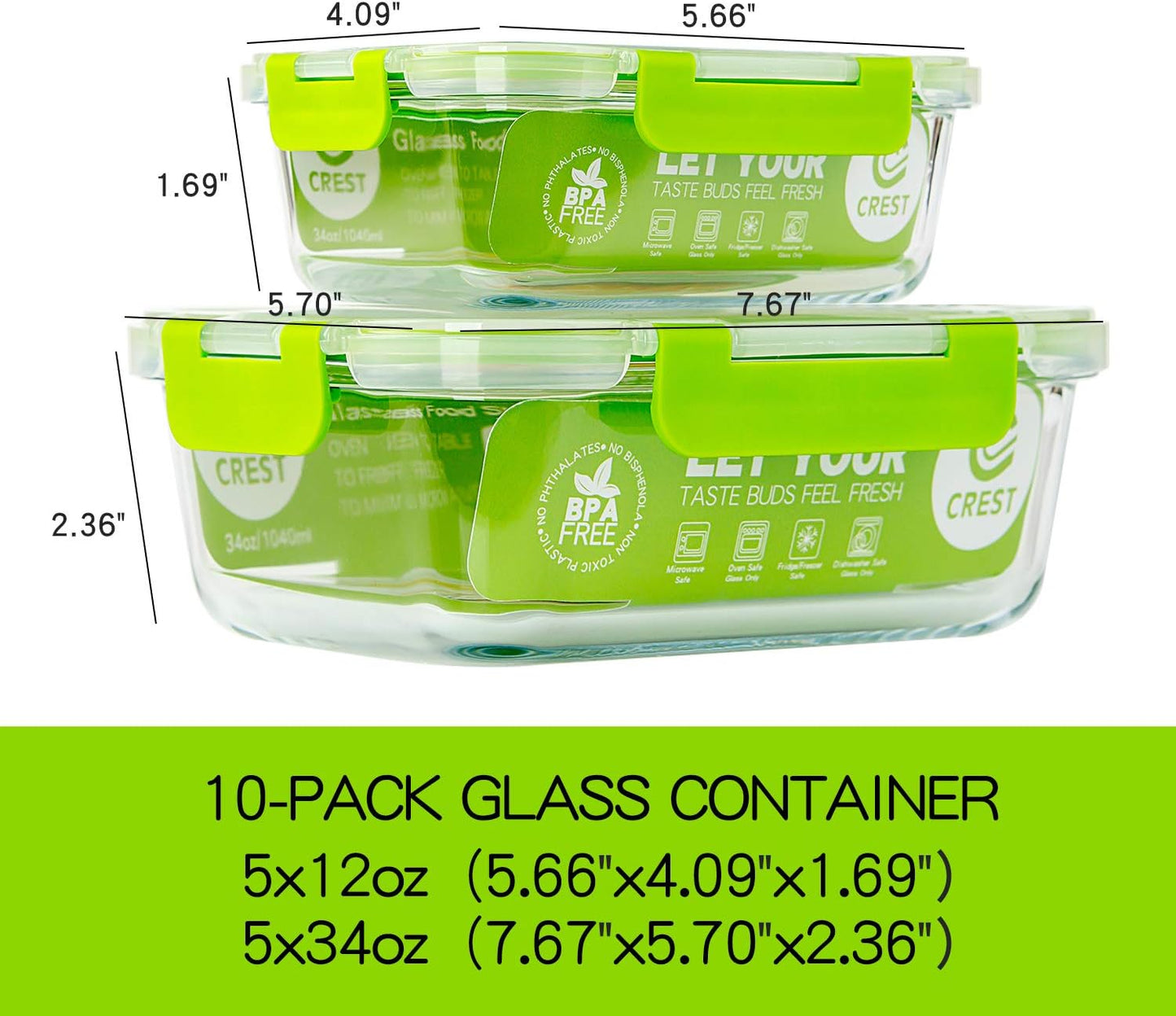 C CREST [10 Pack] Glass Meal Prep Containers, Food Storage Containers with Lids Airtight, Glass Lunch Boxes, Microwave, Oven, Freezer and Dishwasher Safe