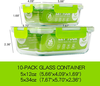 C CREST [10 Pack] Glass Meal Prep Containers, Food Storage Containers with Lids Airtight, Glass Lunch Boxes, Microwave, Oven, Freezer and Dishwasher Safe
