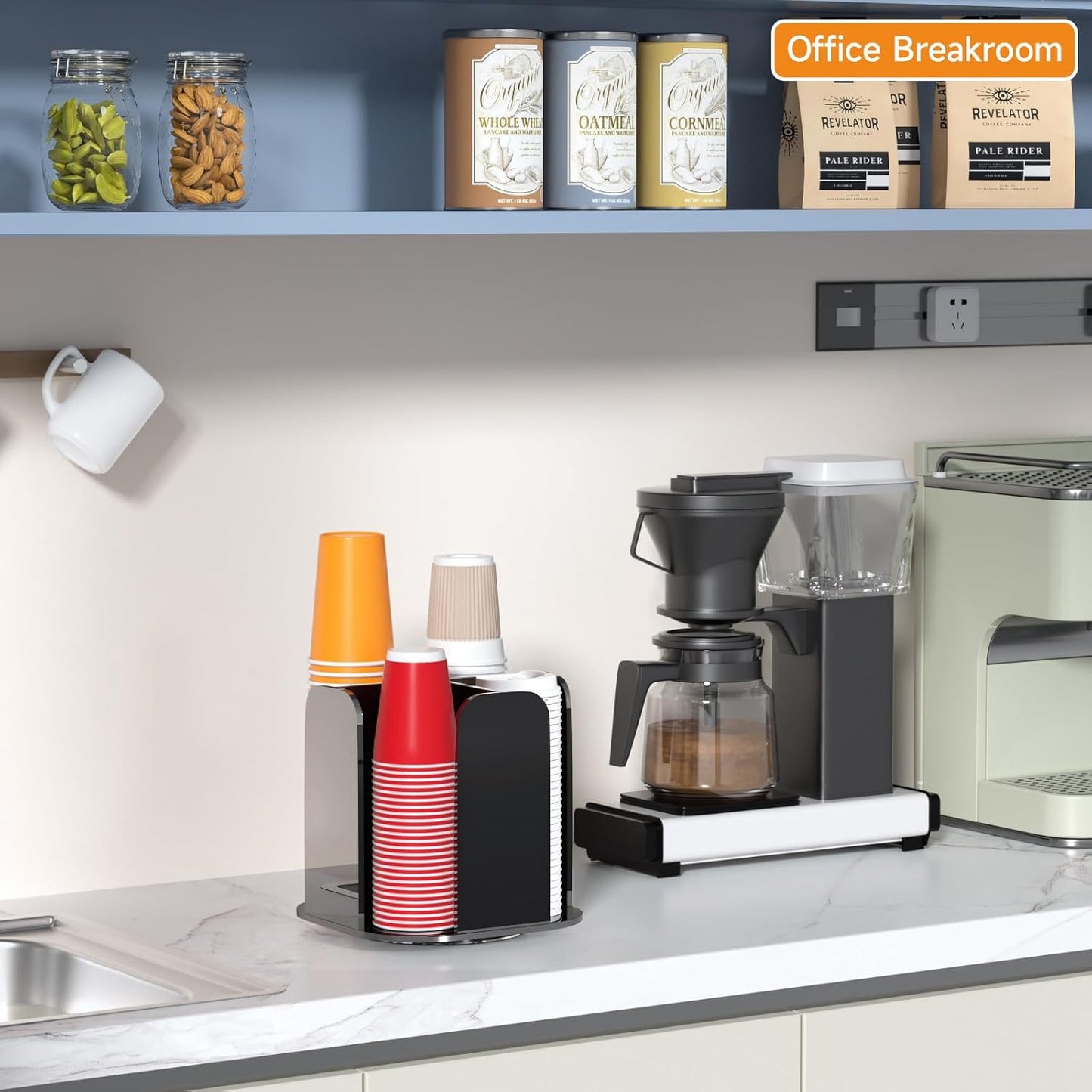 Beego Rotatable 4-Compartment Acrylic Cup Dispenser - Coffee Station Cup and Lid Carousel Countertop Plastic Cup Holder for Restaurant Breakroom Coffee Bar