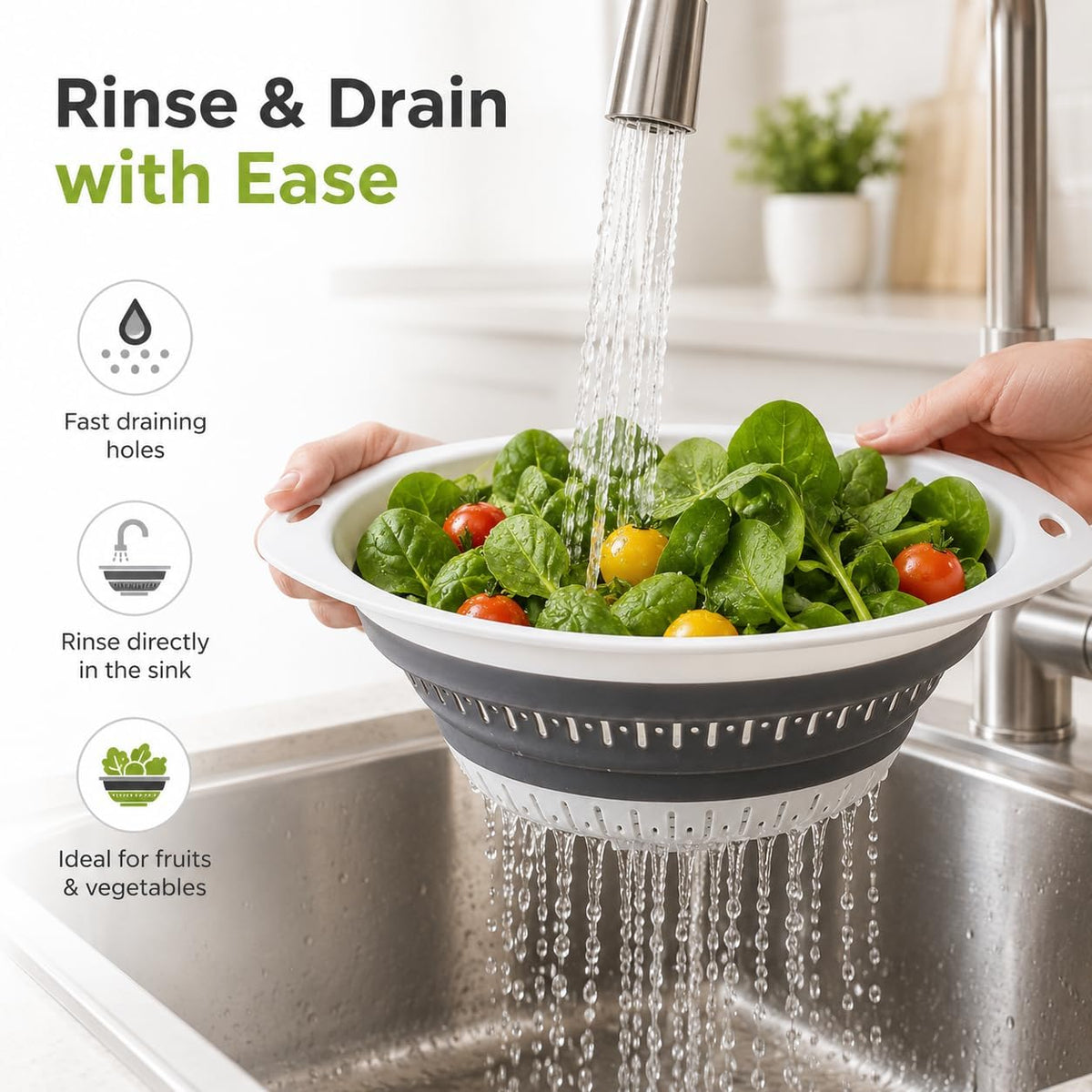 Collapsible Colander & Strainer, Space-Saving Silicone Basket, Round