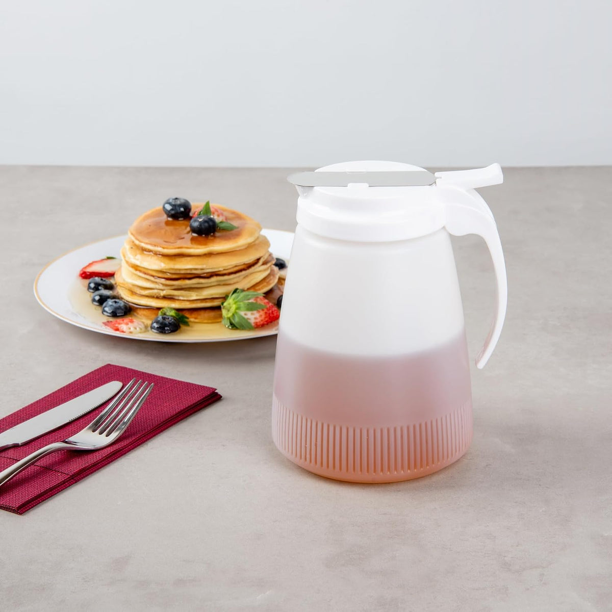 Restaurantware-Chef 101 32 Ounce All Purpose Syrup Dispenser, 1 Honey Dispenser - White Top, Stainless Steel Slide Cover, Plastic Pancake Syrup Bottle, Perfect For Diners, Restaurants, Home