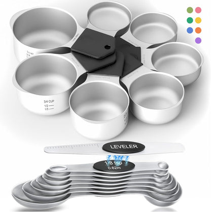 Magnetic Measuring Cups and Spoons Set304 Stainless Steel Dual Scale Set of 15, Strong N52 Magnetic Nesting Design with Leveler, for Dry&Liquid Ingredients, Dishwasher Safe(Colorful)