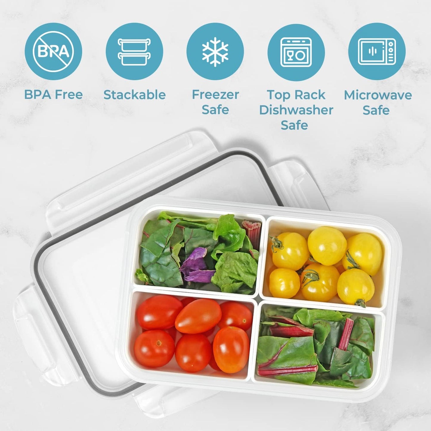 carrotez Food Storage Containers with 3 Removable Compartments, Food Prep Container with Airtight Lids, Portion Control Container, Microwave Safe, Reusable, 4.64 Cup (1100ml)