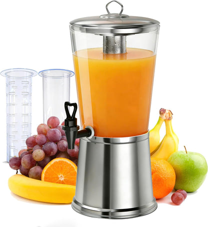 Beverage Dispenser with Stand, 3 Gallon Drink Dispenser for Parties,Events,Buffet &Self-Serve,Dual Ice Tube Core Fruit Infuser,Leakproof Spigot,Clear PC Container, Stainless Steel Lid&Base