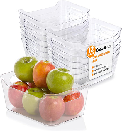 12 PACK Multi-Use Clear Plastic Storage Bins for Organizing w/ Labels - Home, Kitchen, Bathroom, Office, Pantry Cabinet Shelf Organizer Bins