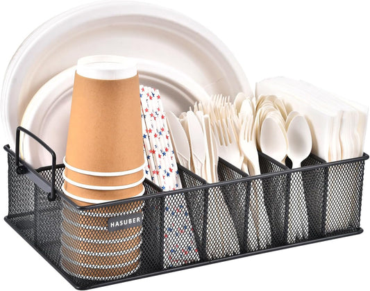 Silverware Organizer with Handle - Metal Utensil Caddy for Kitchen Counter, 7 Compartment for Plate, Cup, Napkin, Paper Plate Dispenser for Party, Picnic