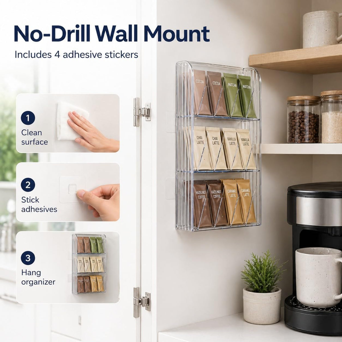 Drink Packet Organizer, 9-Compartment Water Flavor Packet Holder with Removable Dividers, Adjustable Tea Bag and Sugar Packet Storage Bin with Adhesive Stickers for Pantry, Fridge, Cabinet