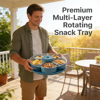 Divided Spin & Snack Serving Tray, Portable Travel Rotating Multi-Compartment Food Organizer with Lid, Party Platter for Chips, Veggies, Fruits, Dips, Nuts (Blue)