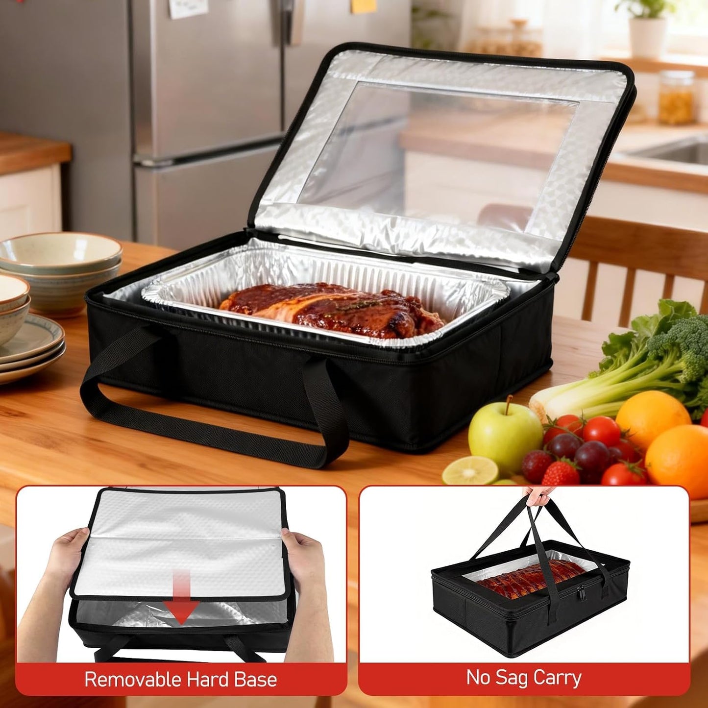 BANGIE BBQ Meat Resting Blanket & 9x13 Foil Pan Carrier - Leakproof Insulated Casserole Transport Bag with Visual Window, Rigid Hard Bottom - Birthday Father's Day Grilling Gifts for Men, Dad,Green