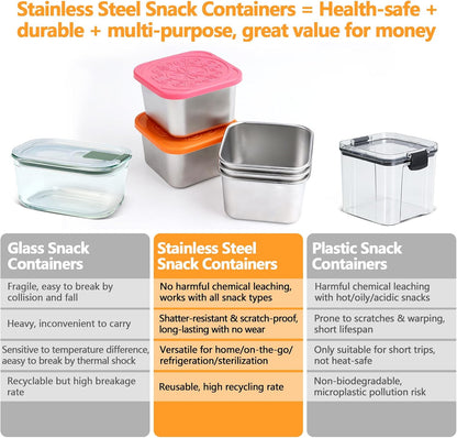 3 Pack Stainless Steel Reusable Snack Containers with Lids - 8.45 oz Small Metal Snack & Lunch Food Boxes, Shatterproof Leakproof Freezer Safe Meal Prep Containers for Portioning Snacks, Dips