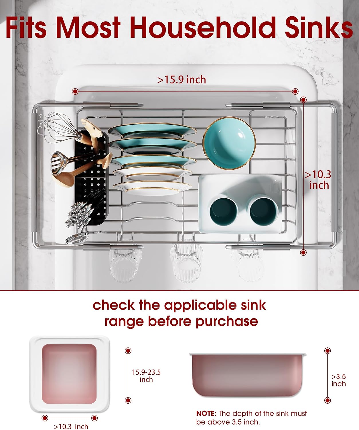 Sakugi Dish Drying Rack in Sink - Expandable Stainless Steel Dish Rack Over the Sink, Kitchen Sink Drain Strainer with Cutlery Holder & Cup Holders, 15.4 x 9.8 x 3.0 Inch, Black
