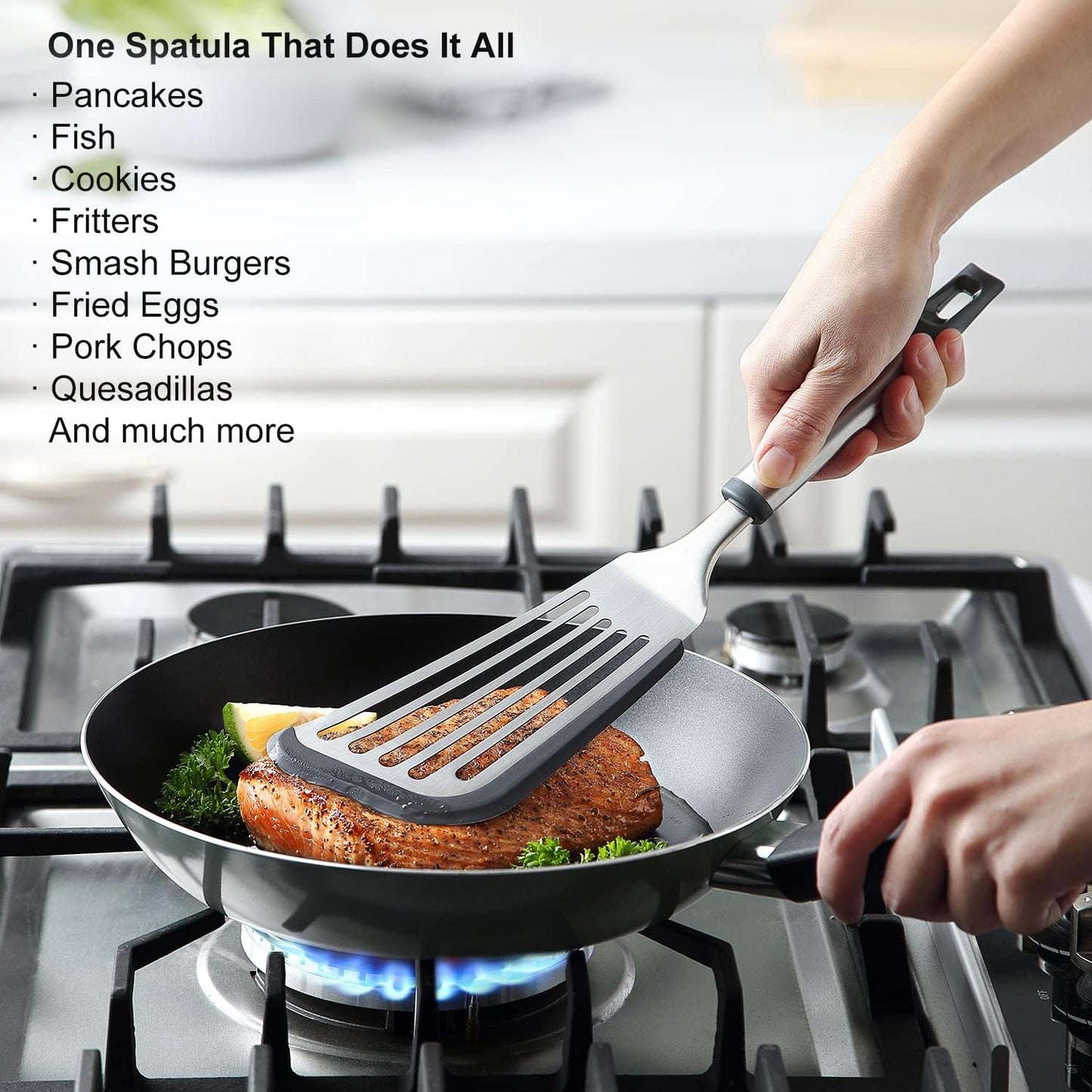 Silicone Spatula - Fish Spatula for Non Stick Frying Pan - Flexible Slotted Turner for Cooking and Flipping - Stainless Steel Egg Flipper with Silicone Edge - Heat Resistant - Dishwasher Safe