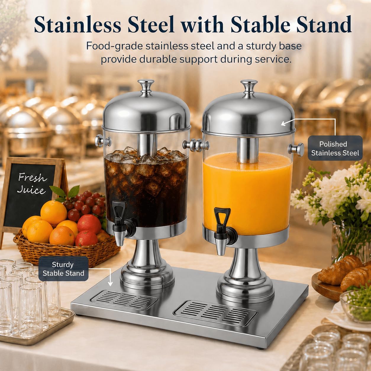4.4 Gallon Beverage Dispenser with Ice Core | Stainless steel drink dispenser with stand and ice core for cold drinks, juice, lemonade, iced tea, parties, and events.