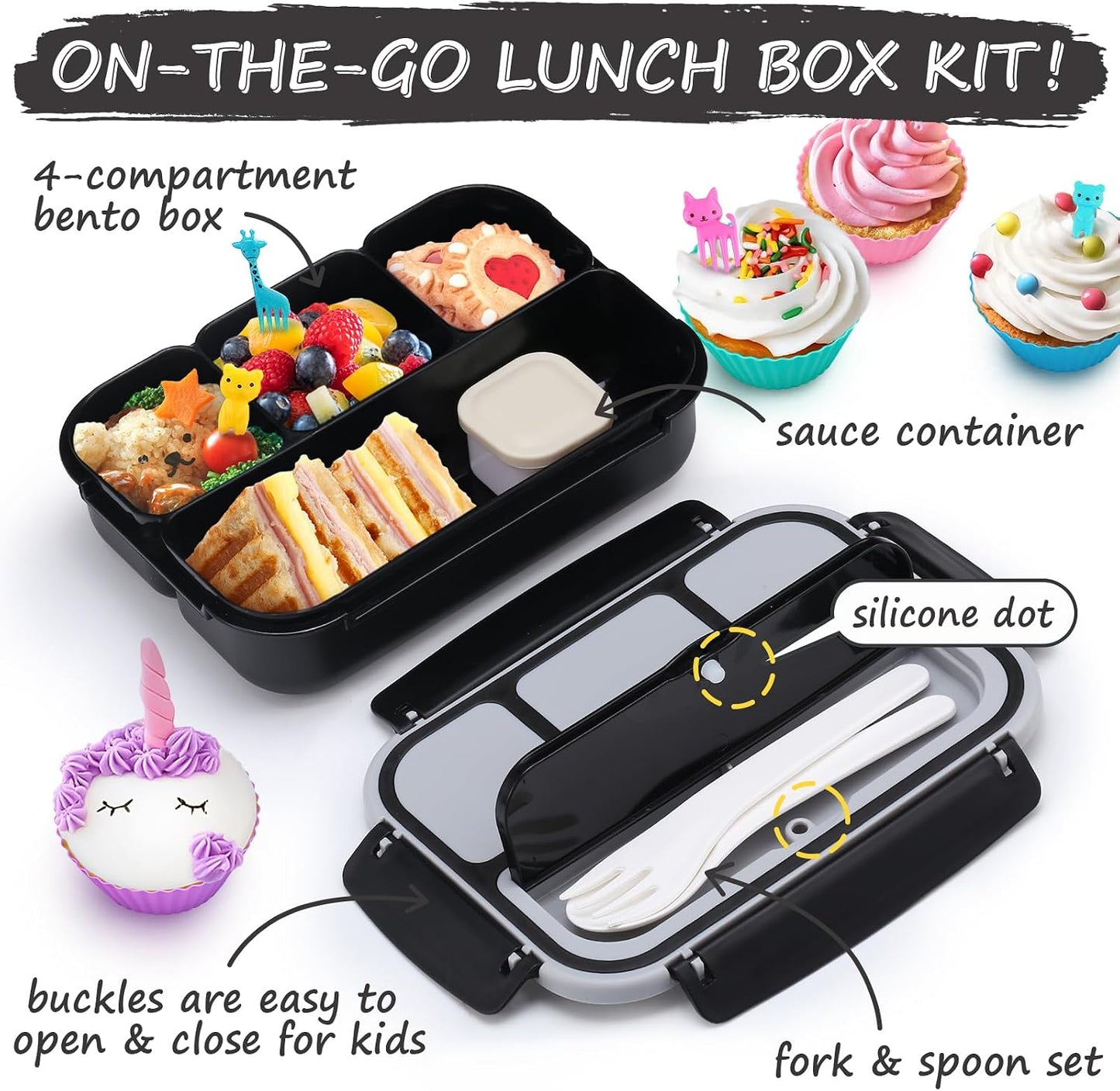 QQKO Bento Lunch Box for Kids Girls Boys, Toddler Kids Lunch Boxes for School, Lunch Containers for Adults with 4 Compartments, Sauce Container, Utensils, Food Picks and Muffin Cups, Purple