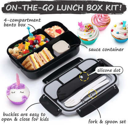QQKO Bento Lunch Box for Kids Girls Boys, Toddler Kids Lunch Boxes for School, Lunch Containers for Adults with 4 Compartments, Sauce Container, Utensils, Food Picks and Muffin Cups, Purple