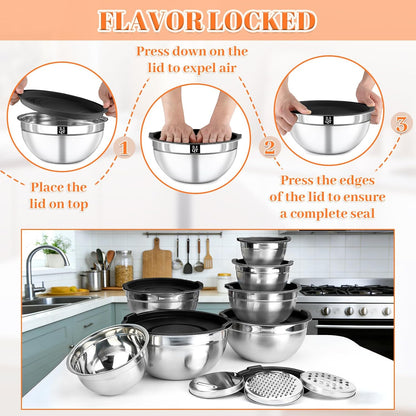 21PCS Mixing Bowls with Lids Set - 7 Nesting Mixing Bowls, 3 Graters, 11 Baking Tools, Lids, Stainless Steel Mixing Bowls for Mixing & Baking, Size 0.7/1.1/1.5/2.1/3.5/4/4.5 QT, Black