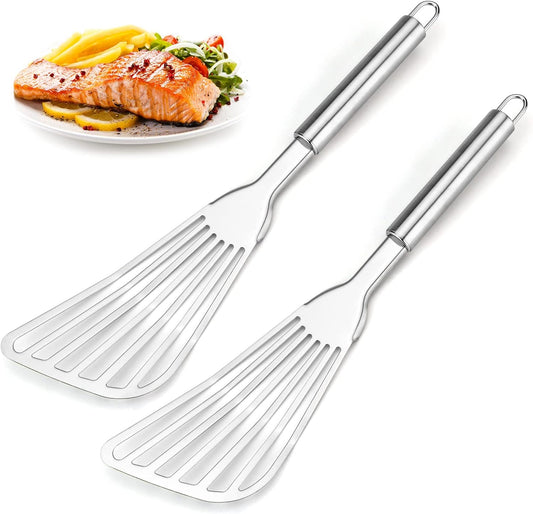 Cualork 2-Piece Premium Fish Spatula Set, Big Size Stainless Steel, Thickness Blade Turner for Cooking, Flipping, Frying and Grilling