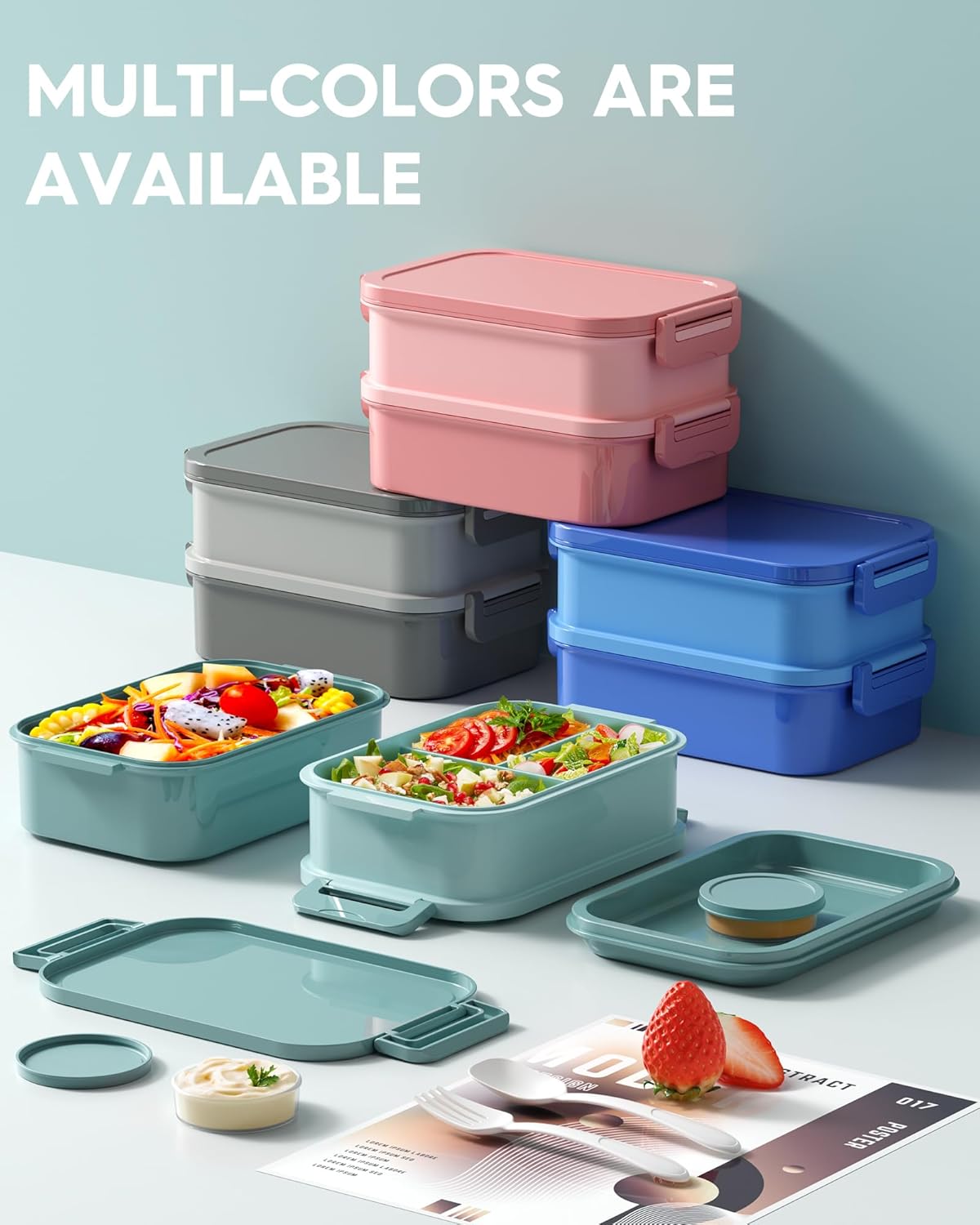 KEMETHY Adults Bento Lunch Box Set with Thermo Bag, 74oz Stackable Leak-proof 3-tiers Bento Box, Built-in Utensil and Sauce Container for Work, School, Dining Out (Gray)