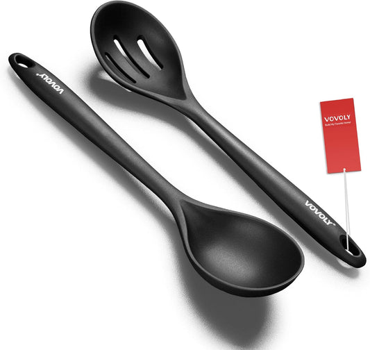 Silicone Spoons for Cooking - Kitchen Spoons for Mixing, Serving, & Stirring - 600°F Heat-Resistant Non Stick Utensils Ladle & Skimmer- Dishwasher Safe, Black,10.4IN