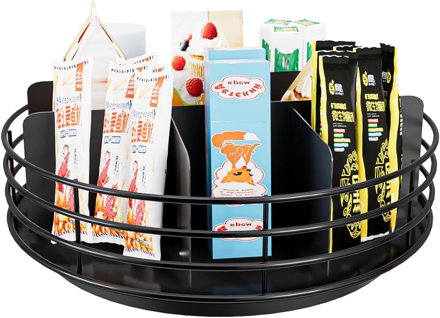 Snack Organizer - Versatile Snack Storage 2 Tier Lazy Susan with Convenient Grab-and-Go Design, Metal Snack Holder for Home, Office, Breakroom, 11.85" L x 11.85" W x 13.3" H (Matte Black)