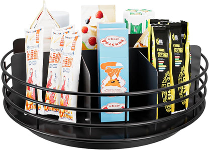 Snack Organizer - Versatile Snack Storage 2 Tier Lazy Susan with Convenient Grab-and-Go Design, Metal Snack Holder for Home, Office, Breakroom, 11.85" L x 11.85" W x 13.3" H (Matte Black)