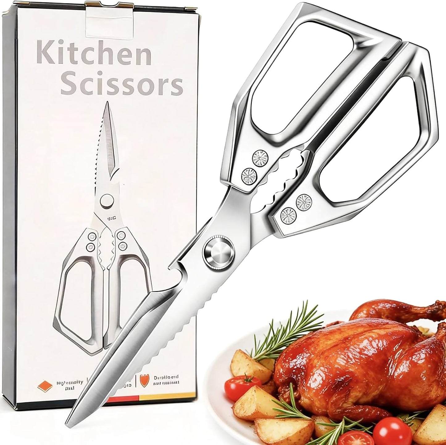 Stainless Steel Kitchen Shears, Multi-Purpose Sharp Cooking Scissors, Dishwasher Safe & Rust-Resistant, Ideal for Cutting Turkey, Bones, Scaling Fish, Opening Beer Bottles and Cracking Walnuts