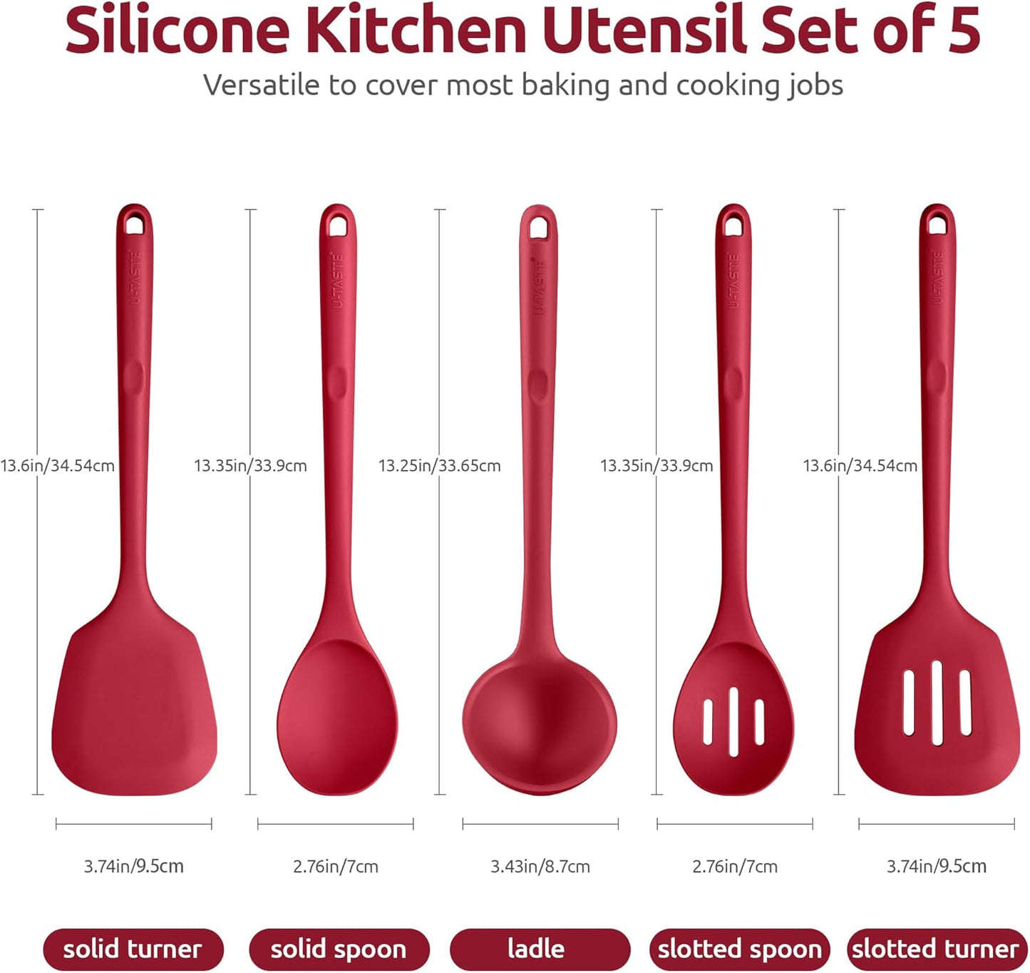 600ºF Heat Resistant Kitchen Utensil: U-Taste 13.6" Extra Long Silicone Cooking Tools Set, Food-Grade Non-Stick Solid and Slotted Turner Spatula, Mixing Spoon, and Soup Ladle (5 Pieces, Aqua Sky)